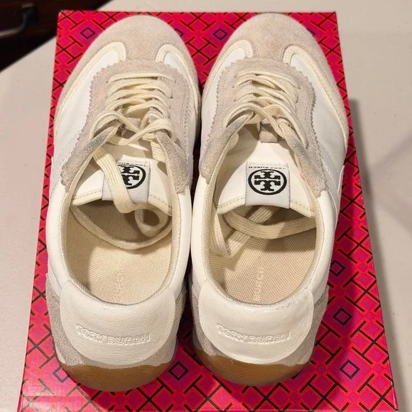 Tory Burch Hank Sneaker Snow White Beige Suede Leather Lace Up Women 9.5 - Picture 5 of 12